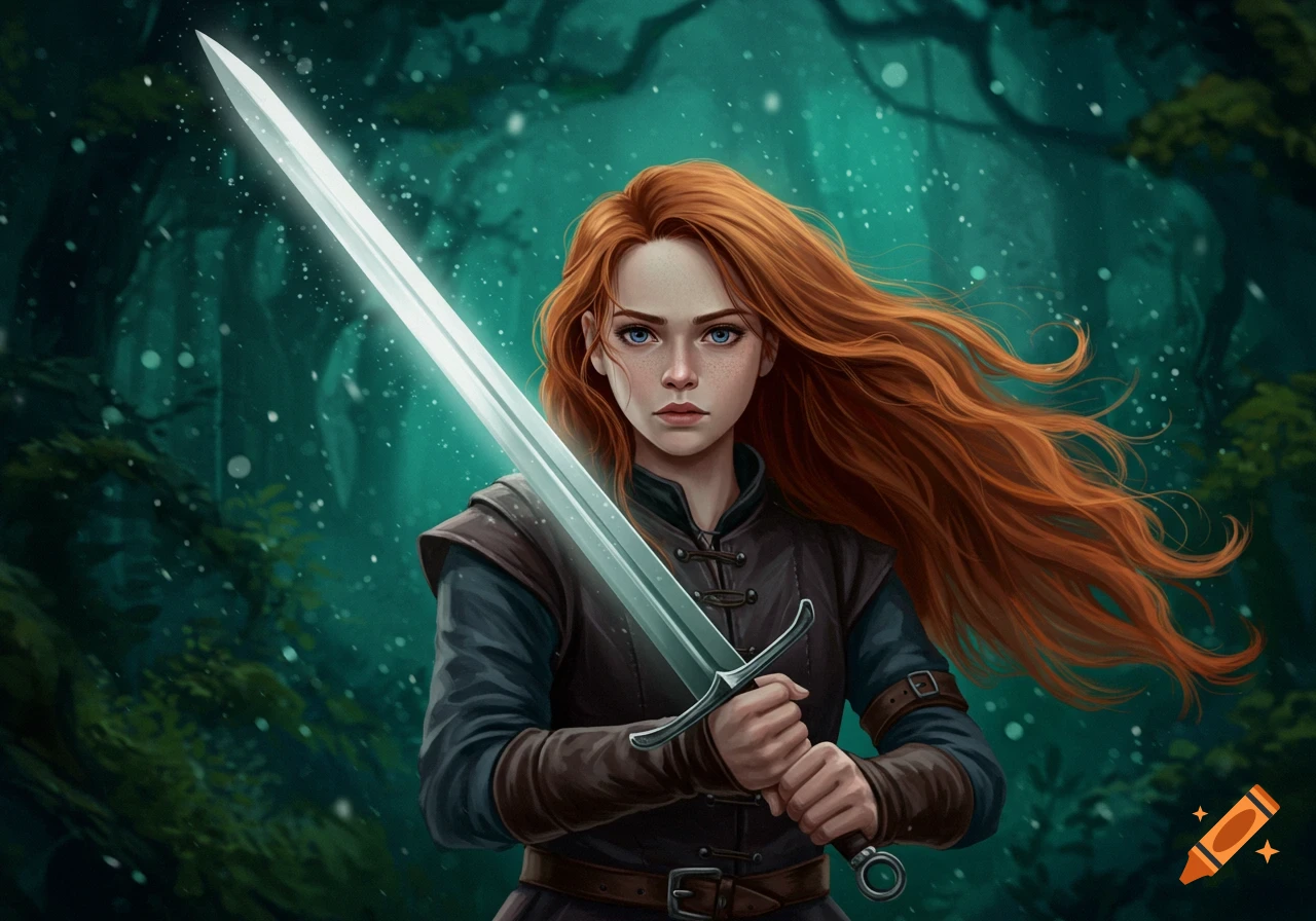 Red-haired woman in a dark fantasy forest holding a glowing sword ...