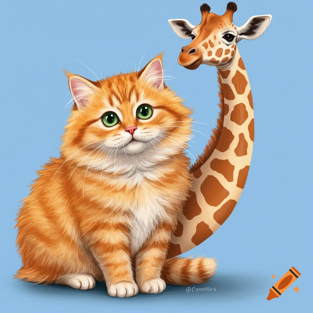 An illustration of a fluffy orange cat with green eyes and a giraffe neck on a blue background.