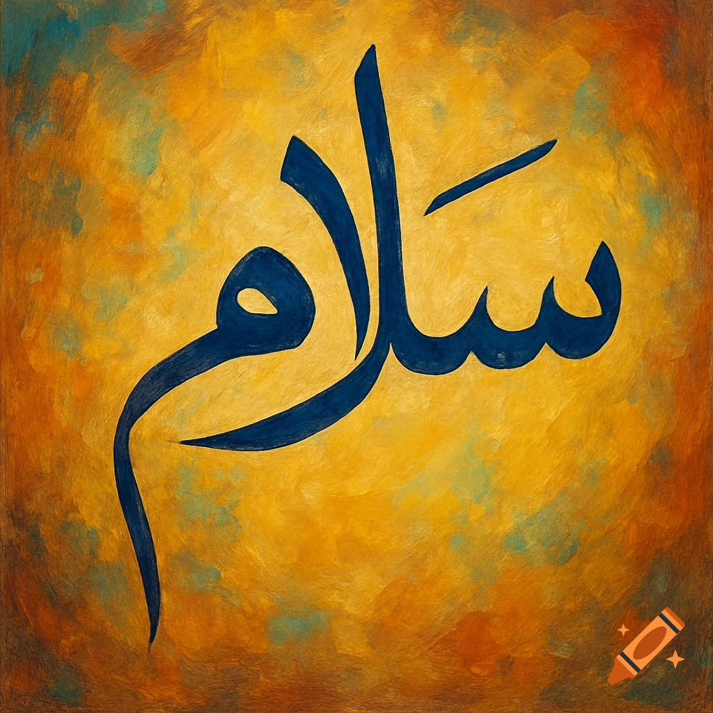 Dark blue Arabic calligraphy for "Salam" (peace) on a textured gold and orange painterly background.