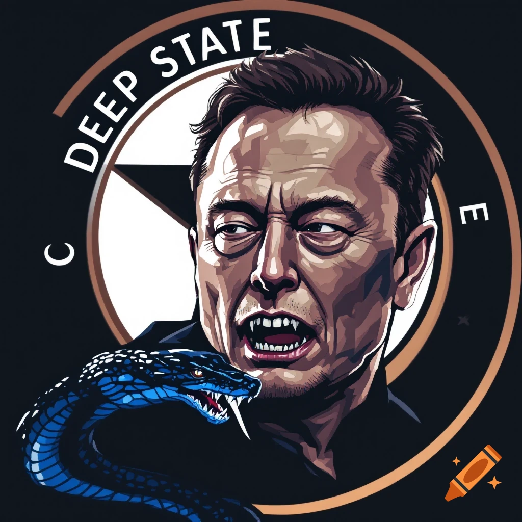 A stylized illustration of Elon Musk with vampire fangs, a blue and black viper snake, against a circular 'Deep State' logo.