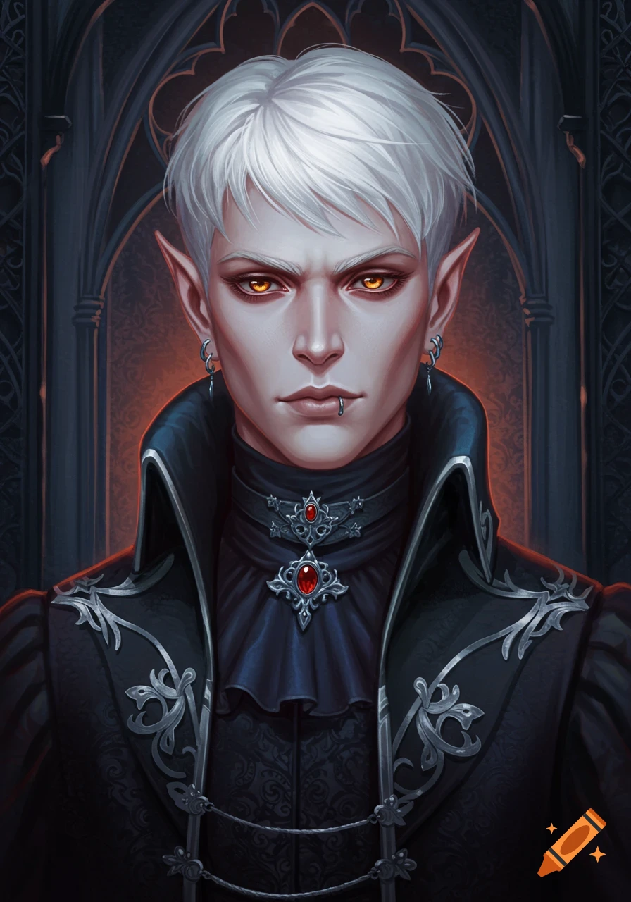 A close-up portrait of a pale-skinned male fantasy character with white ...