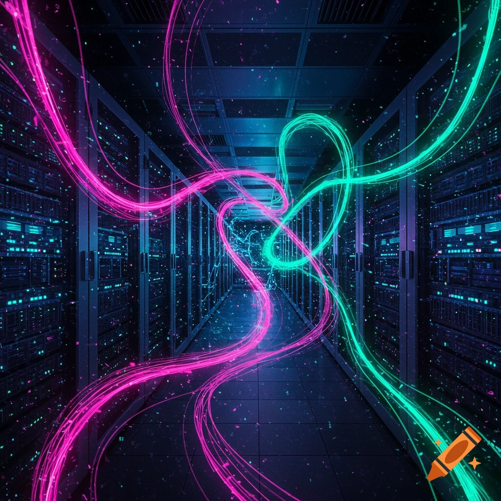 A futuristic data center with glowing pink and green light trails flowing through server racks.