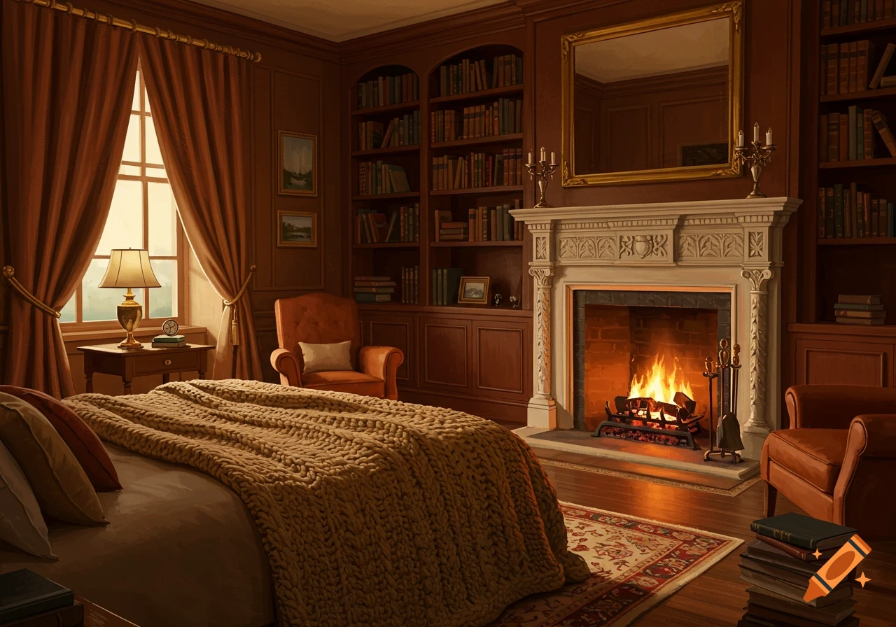 Cozy bedroom with a large bed, fireplace, and extensive library shelves. Warm light from a window and fire illuminates the room.