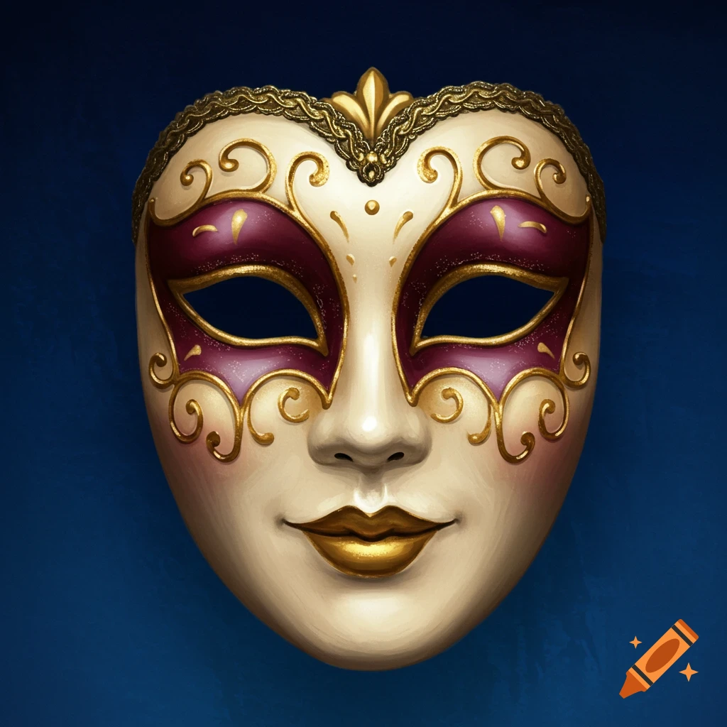 An ornate, cream-colored masquerade mask with gold filigree and purple accents, set against a dark blue background.