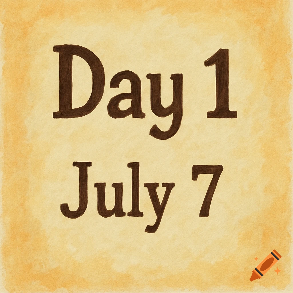 Brown text 'Day 1 July 7' on an aged, textured light brown background.