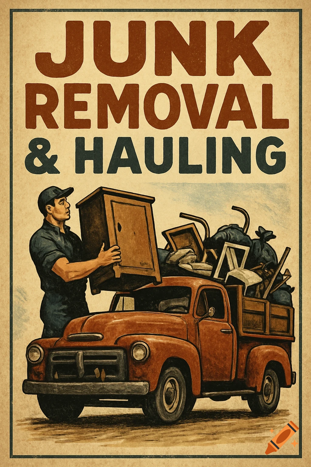 Vintage poster illustration of a man loading junk onto a pickup truck, with text 'JUNK REMOVAL & HAULING'.