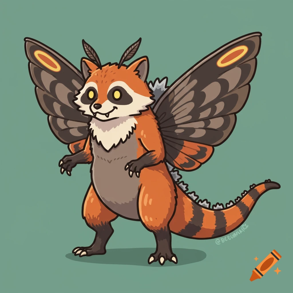 A cute cartoon creature resembling a Godzilla-Mothman-raccoon hybrid with large wings, sharp claws, and a striped tail.