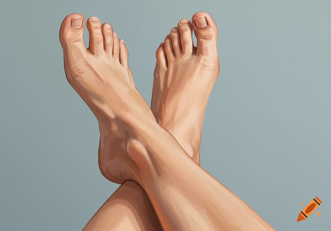 A pair of human feet crossed over one another against a plain background, rendered in a painterly style.