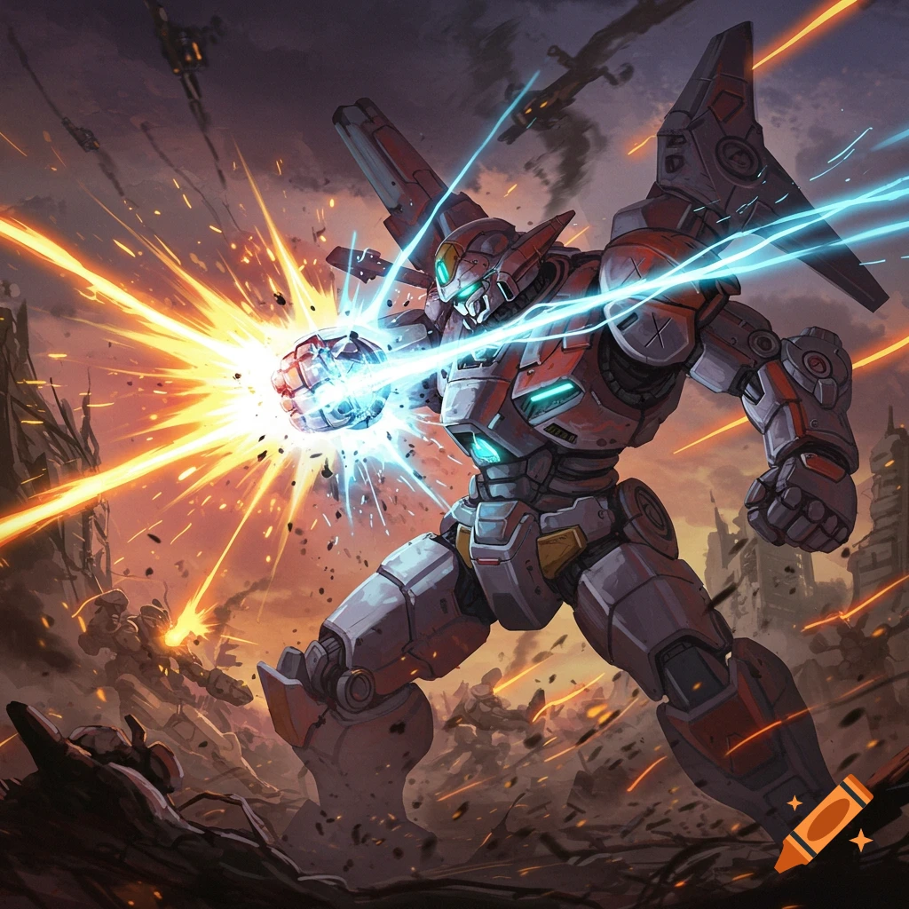 A colossal fighting robot mech in a battle absorbs a punch from another robot, glowing with energy amidst explosions in a ruined city.