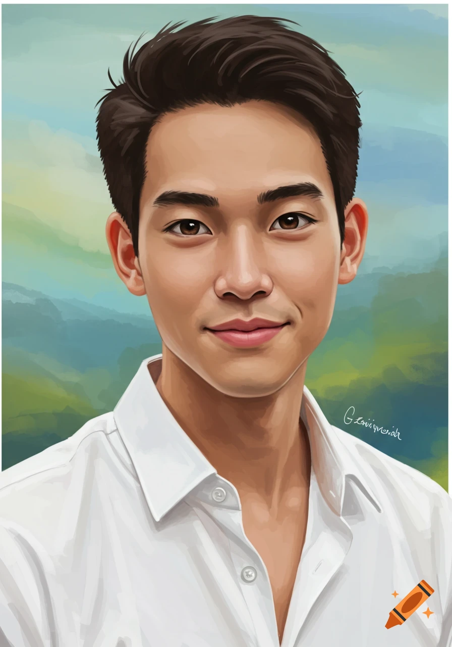A digital painting portrait of a smiling young man with dark hair wearing a white collared shirt against a blurred, colorful background.