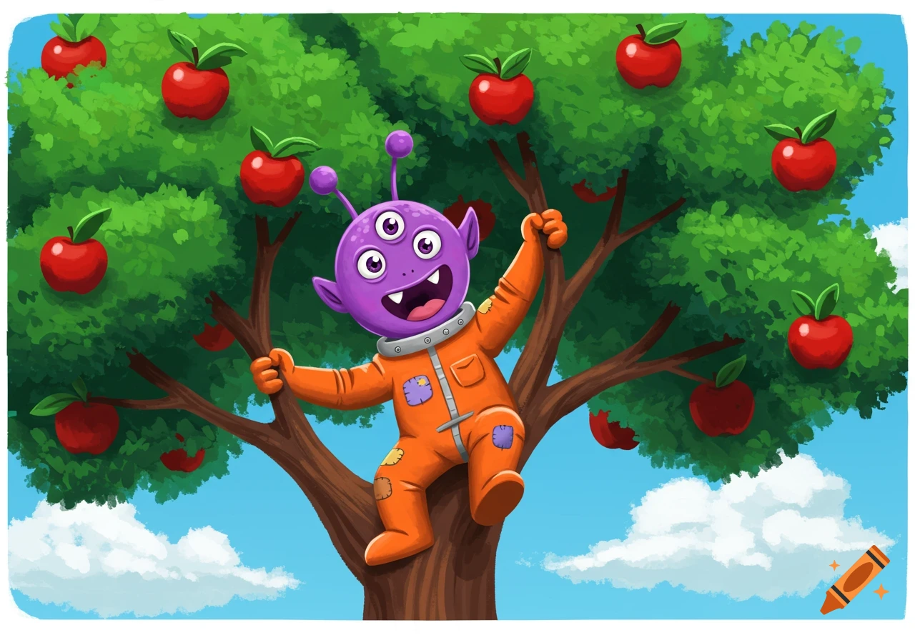 A happy purple cartoon alien with three eyes climbs an apple tree, surrounded by red apples against a blue sky.