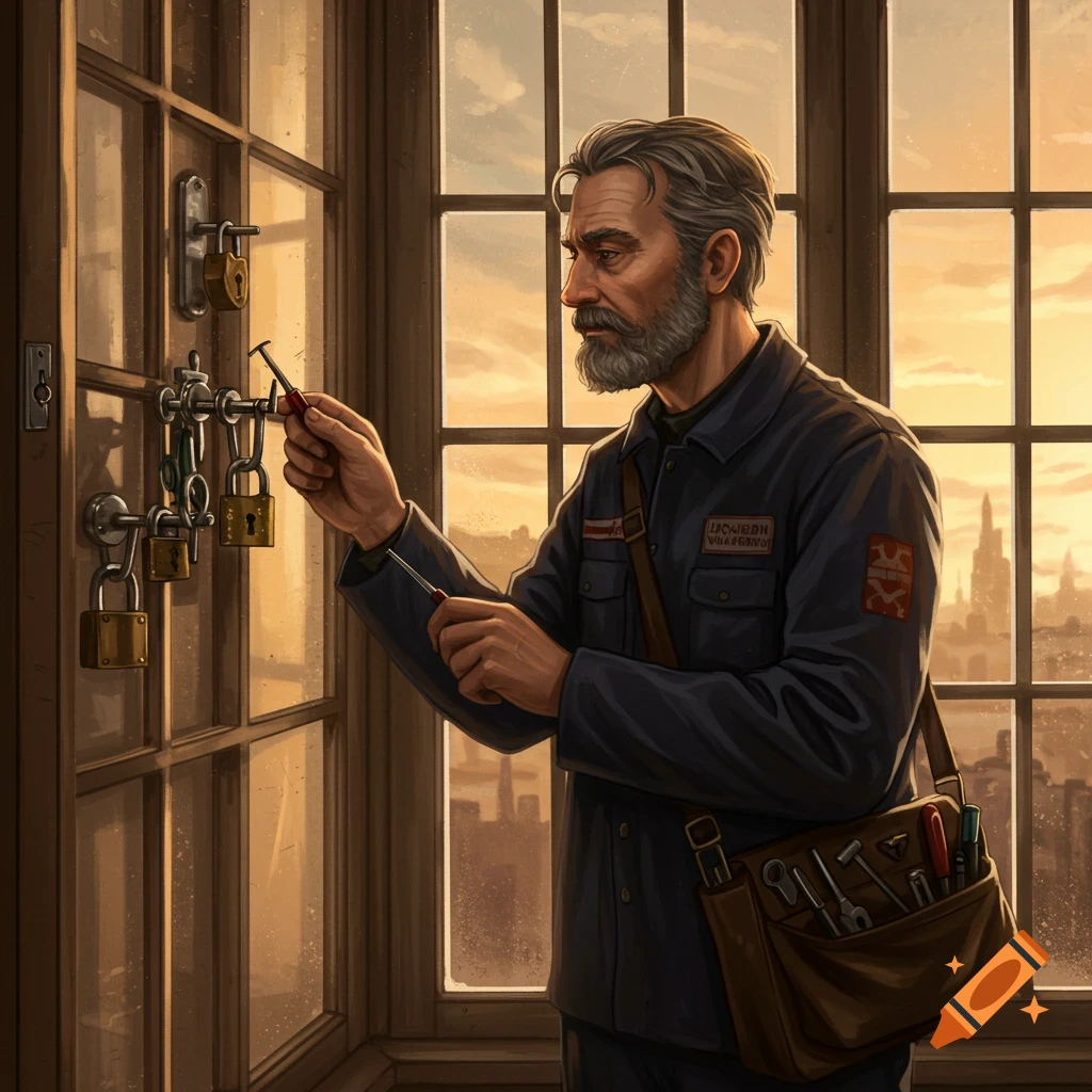 A grey-bearded locksmith in a dark blue uniform uses tools to test multiple padlocks on a window frame, with a cityscape at sunset visible outside.