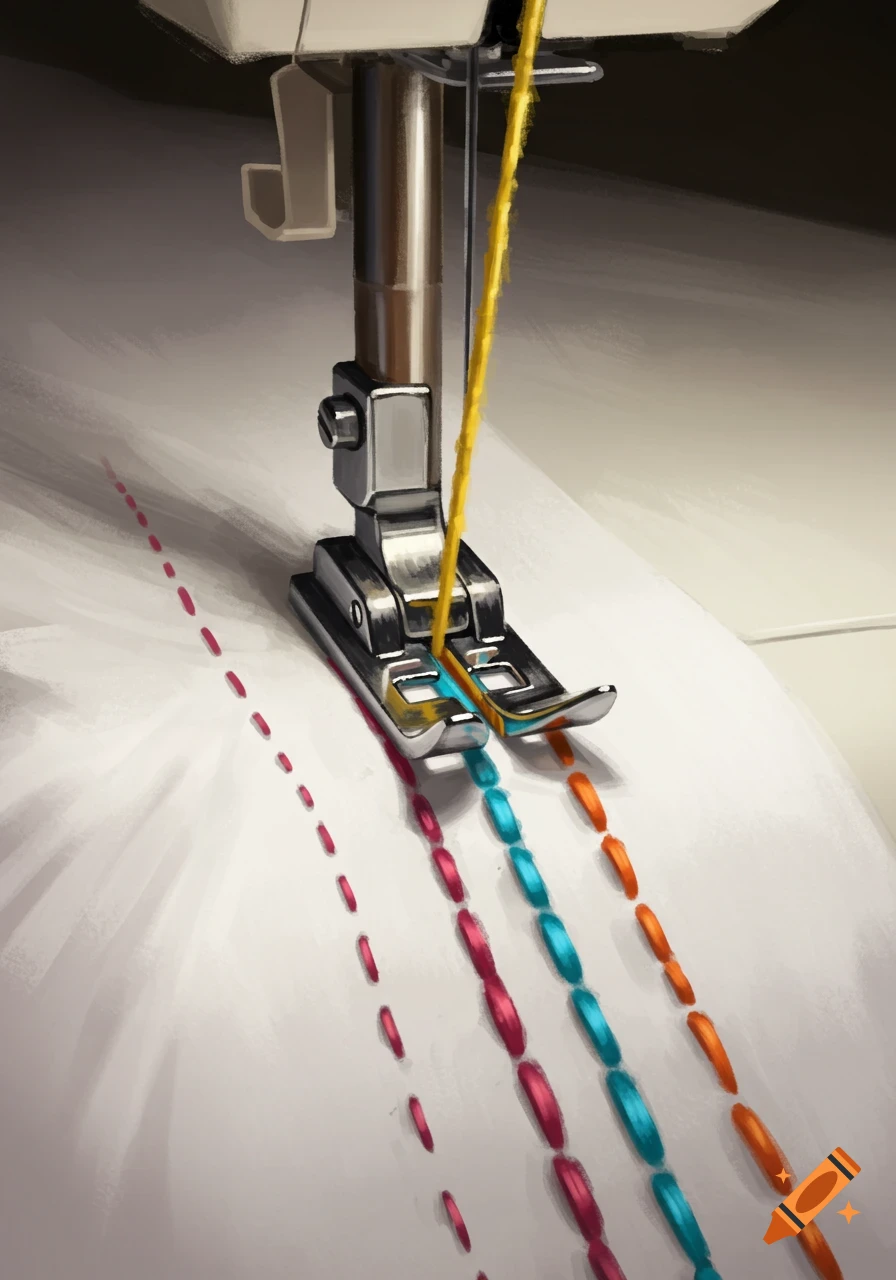 Close-up of a sewing machine's presser foot on white fabric, with colorful red, blue, and orange stitches.