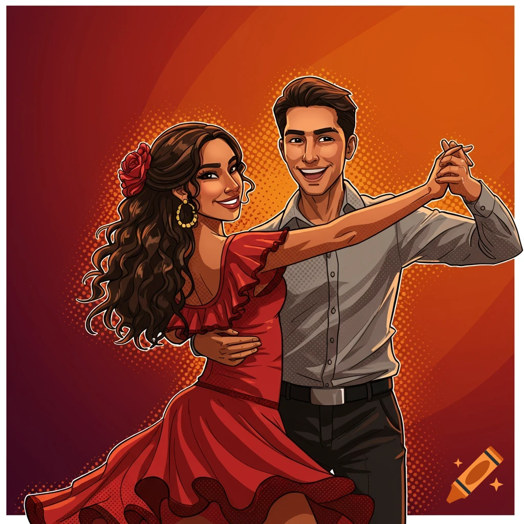 Cartoon illustration of a man and a woman dancing, with a warm, pop-art style background.