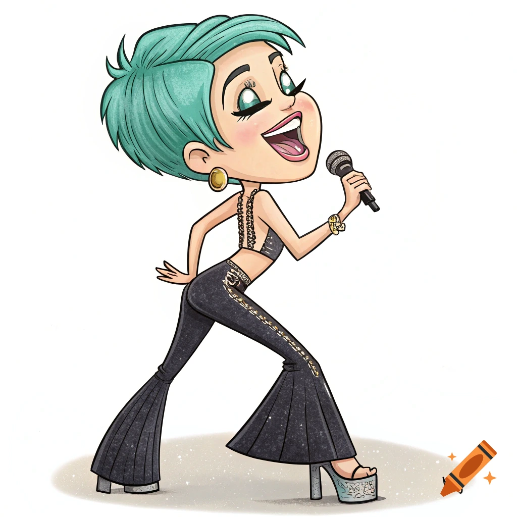 Cartoon caricature of a female singer with short teal hair, wearing a black crop top and black flared trousers, holding a microphone and singing.
