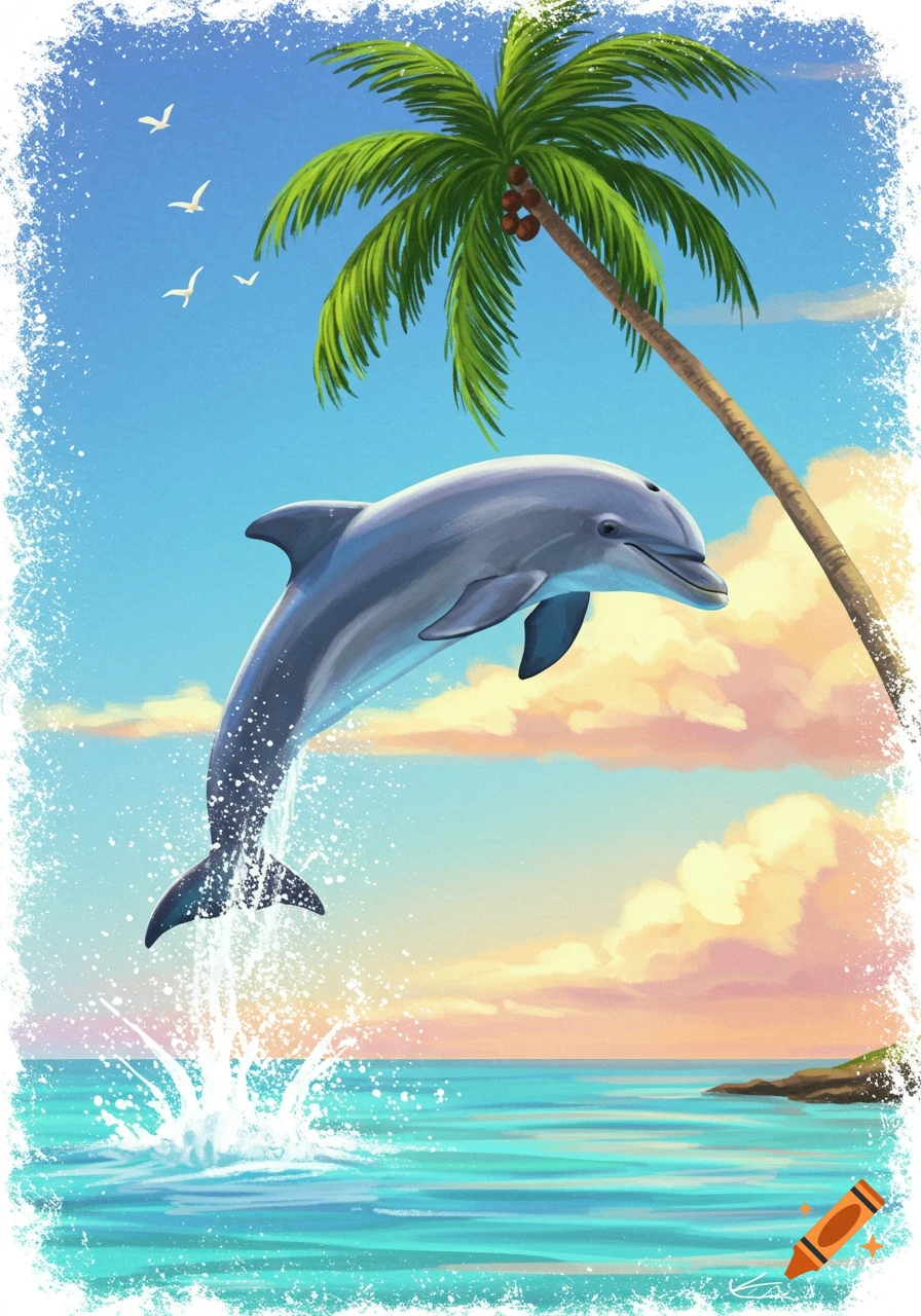 A stylized illustration of a dolphin jumping out of tropical turquoise water with a palm tree and gulls under a blue sky.