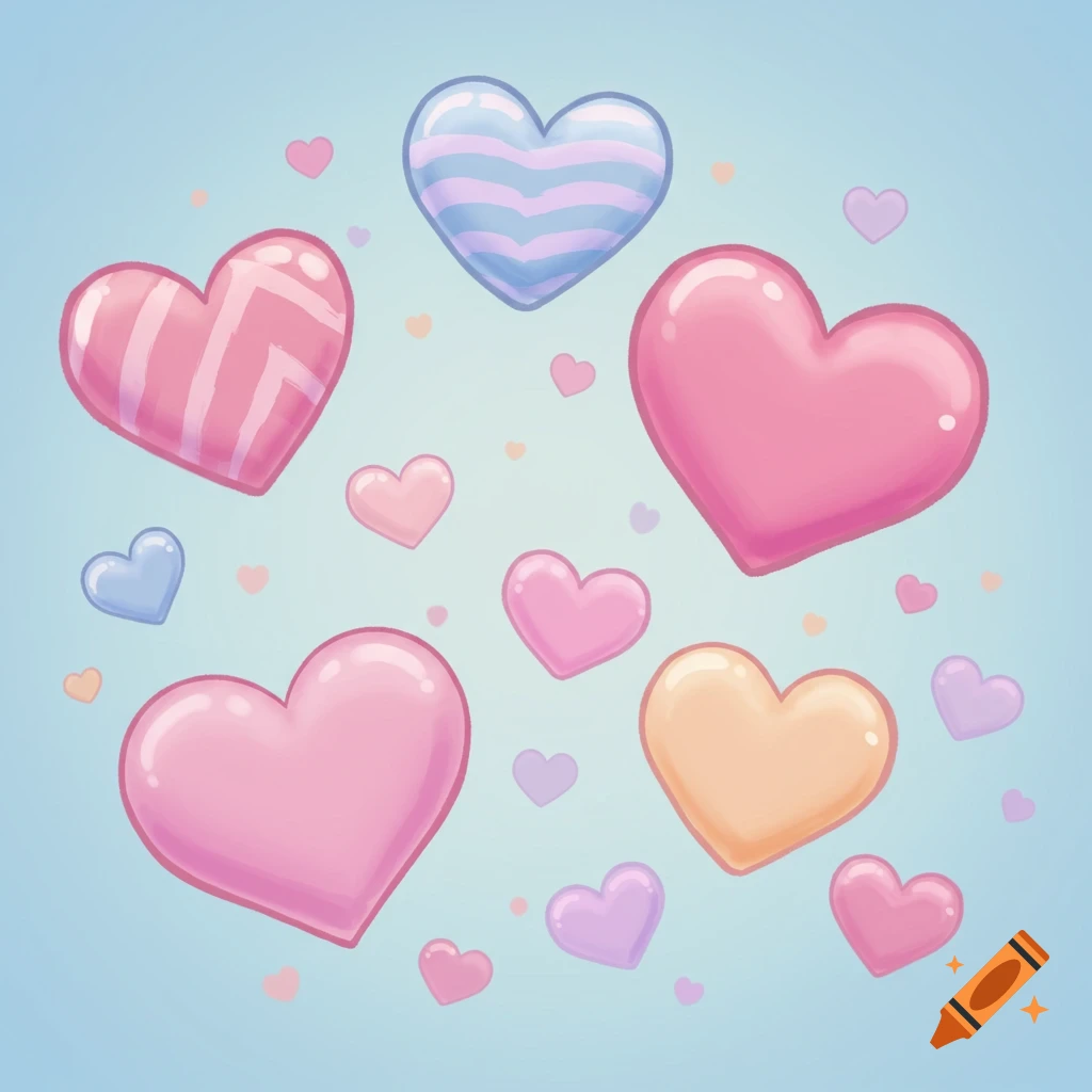 Multiple pastel-colored cartoon hearts float against a light blue background, with some solid and some patterned.