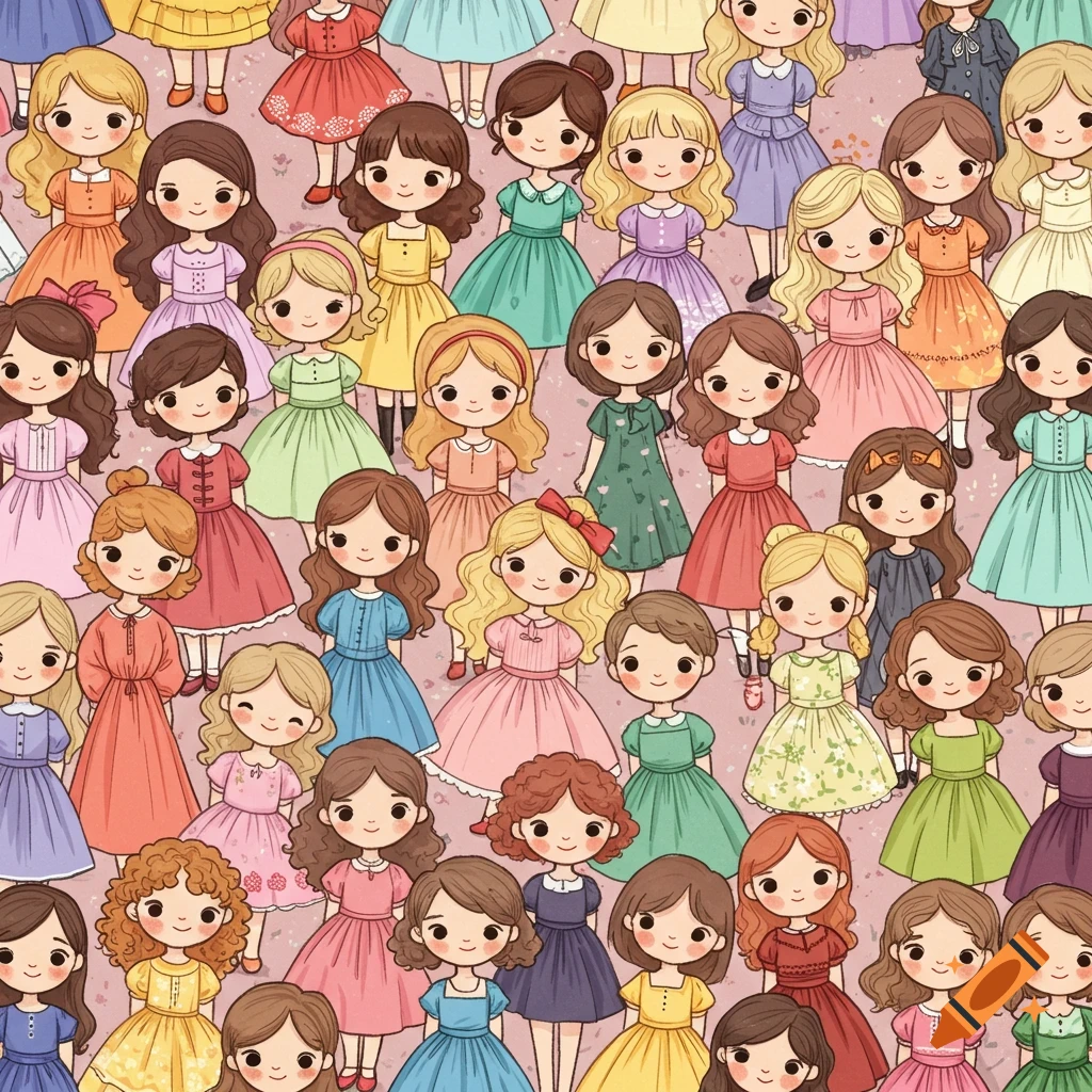 A pattern of many adorably cute cartoon girls in colorful dresses.
