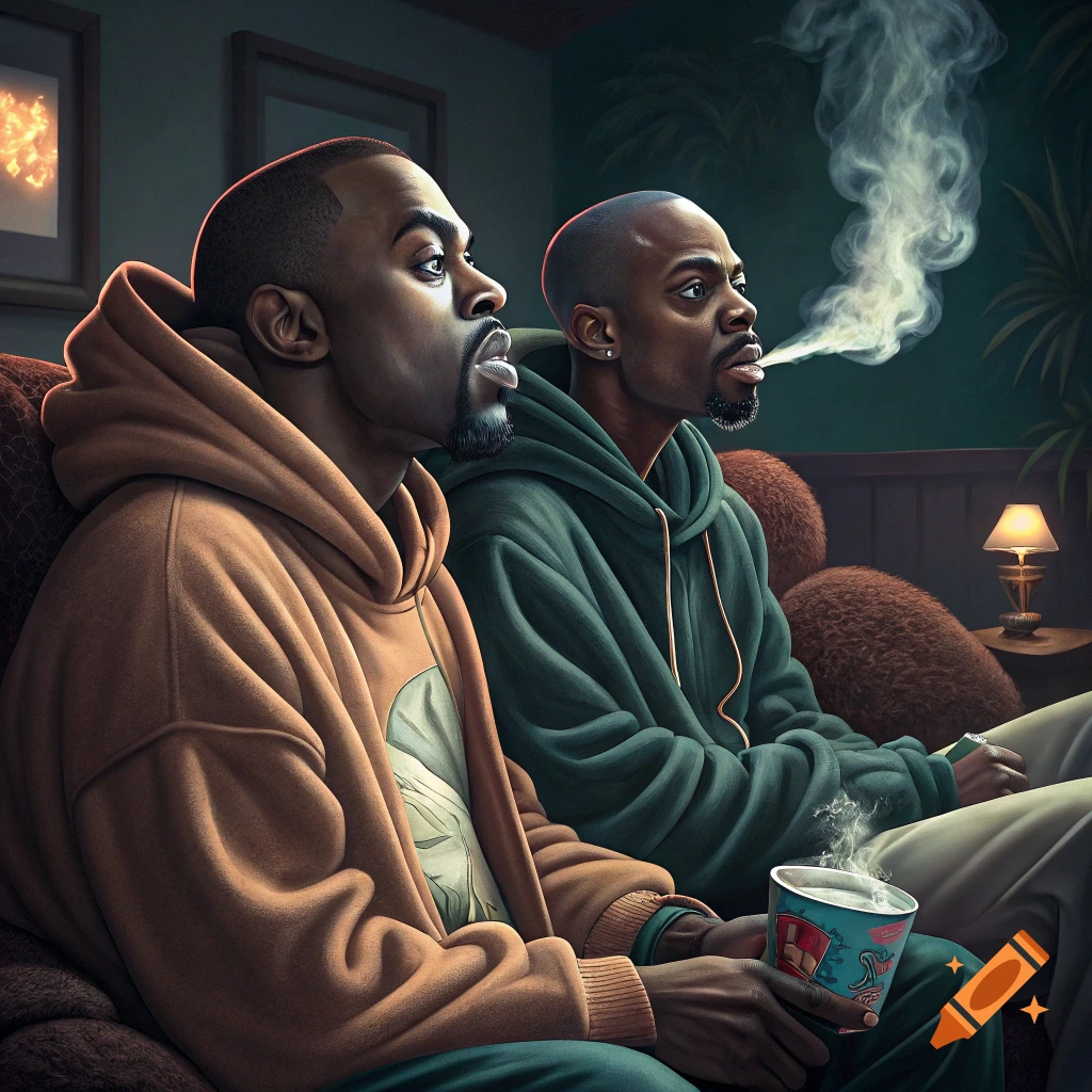 Two men relaxing on a couch, one exhaling smoke, the other holding a cup, in a dimly lit room. Photorealistic style.