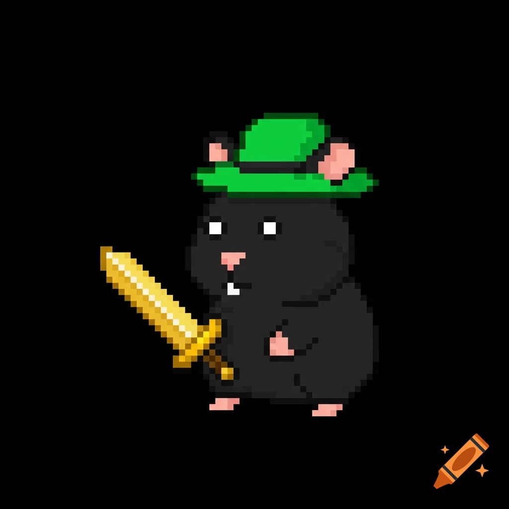 A black pixelated hamster wearing a green hat and holding a golden sword.