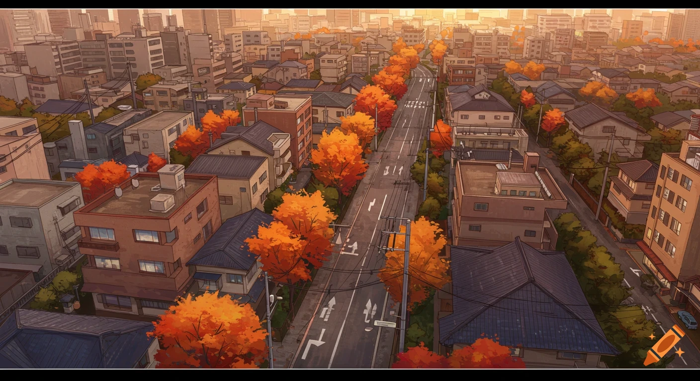 Aerial view of a Japanese suburban street lined with orange autumn trees and buildings, in an anime style.