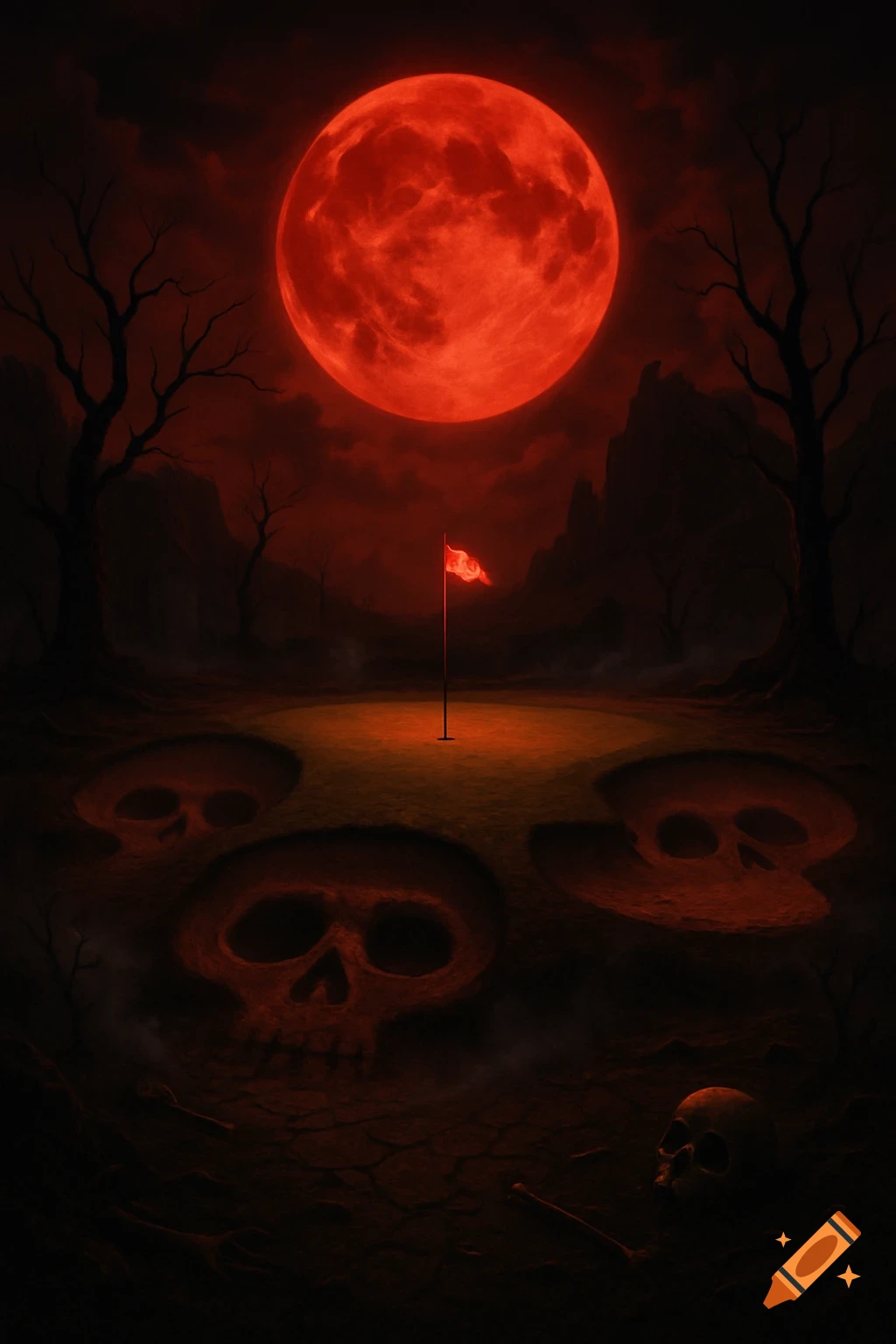 A spooky, surreal golf hole under a large red blood moon, with skull-shaped bunkers, twisted trees, and scattered bones in a dark, horror-fantasy landscape.