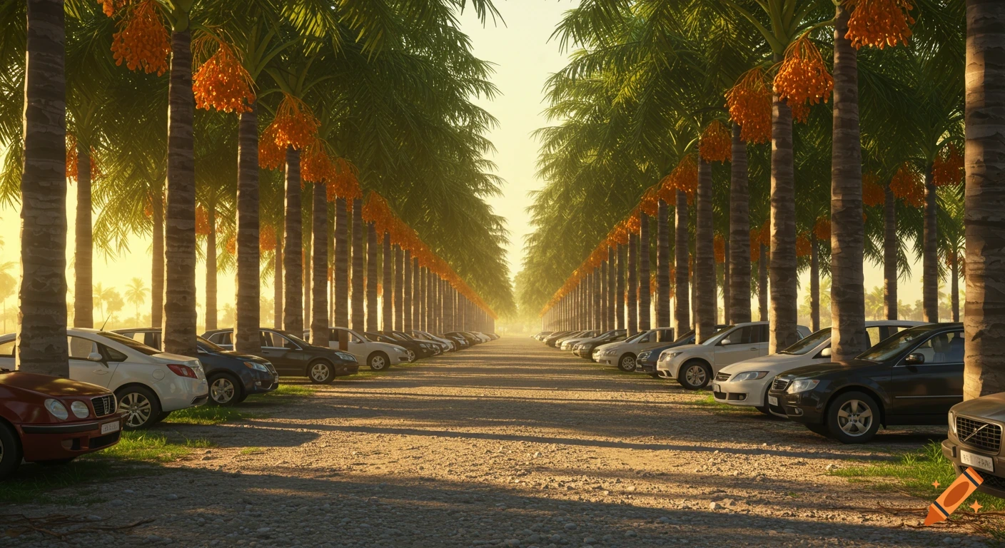 A long, straight gravel road lined with tall palm trees bearing orange dates, with rows of parked cars on either side under a bright, hazy sky.