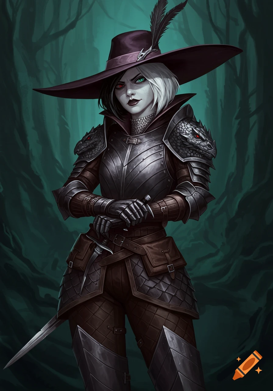 A female fantasy character with black and white hair, a wide-brimmed hat, and dark armor with dragon pauldrons, holding a dagger in a dark forest.