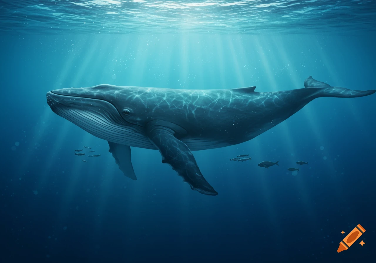 A majestic blue whale swims gracefully in clear blue ocean water with ...