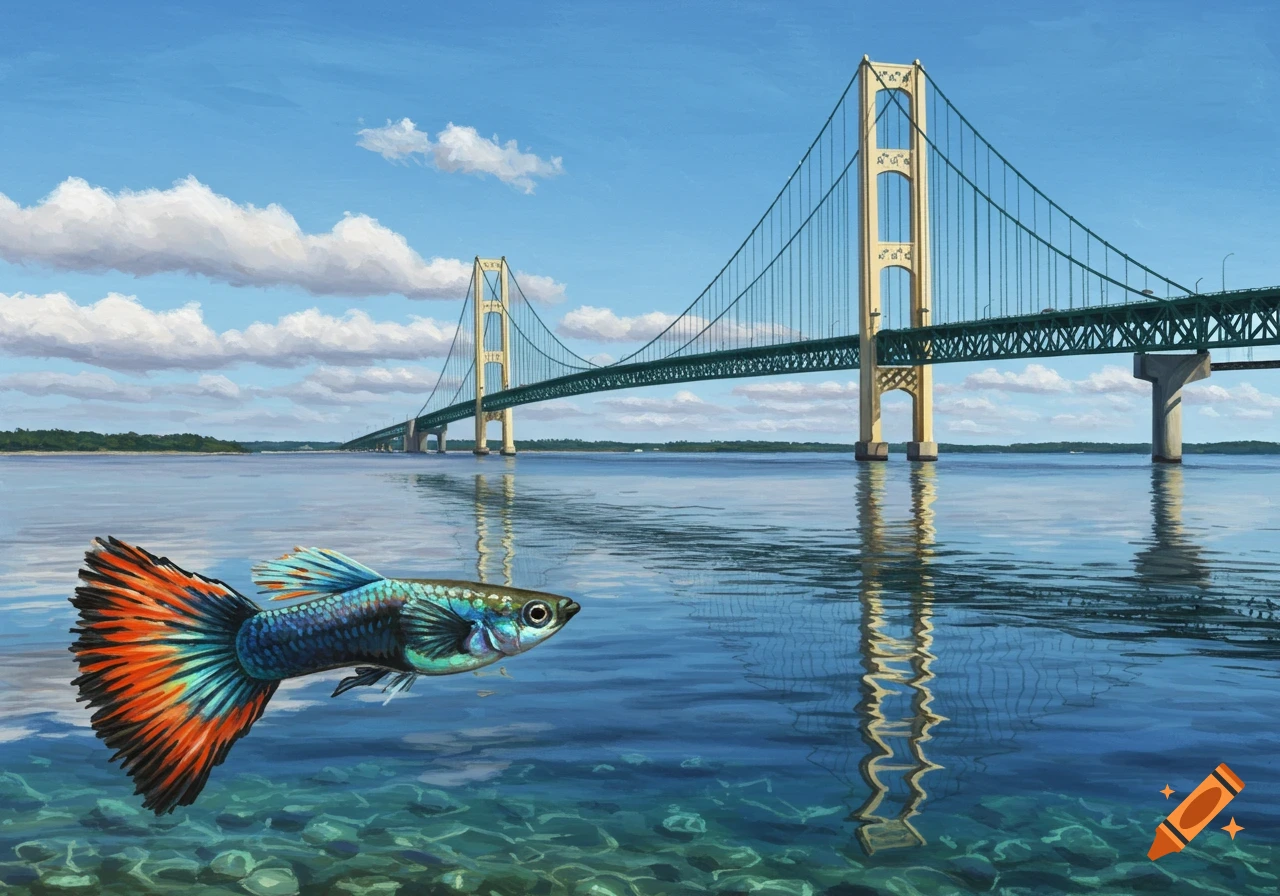 A colorful guppy with orange and blue fins swims in clear water with the Mackinac Bridge spanning a body of water under a blue sky.