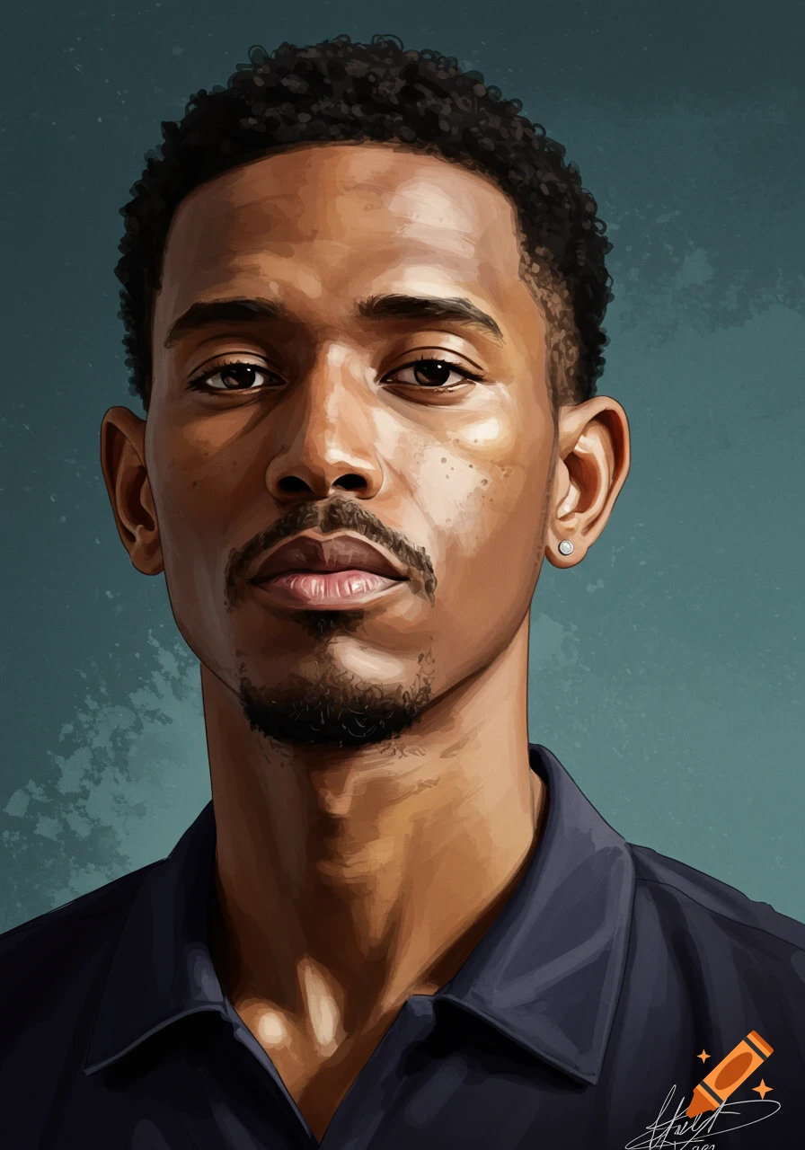 A digital painting of a serious-looking Black man with a mustache and goatee, wearing a dark collared shirt.