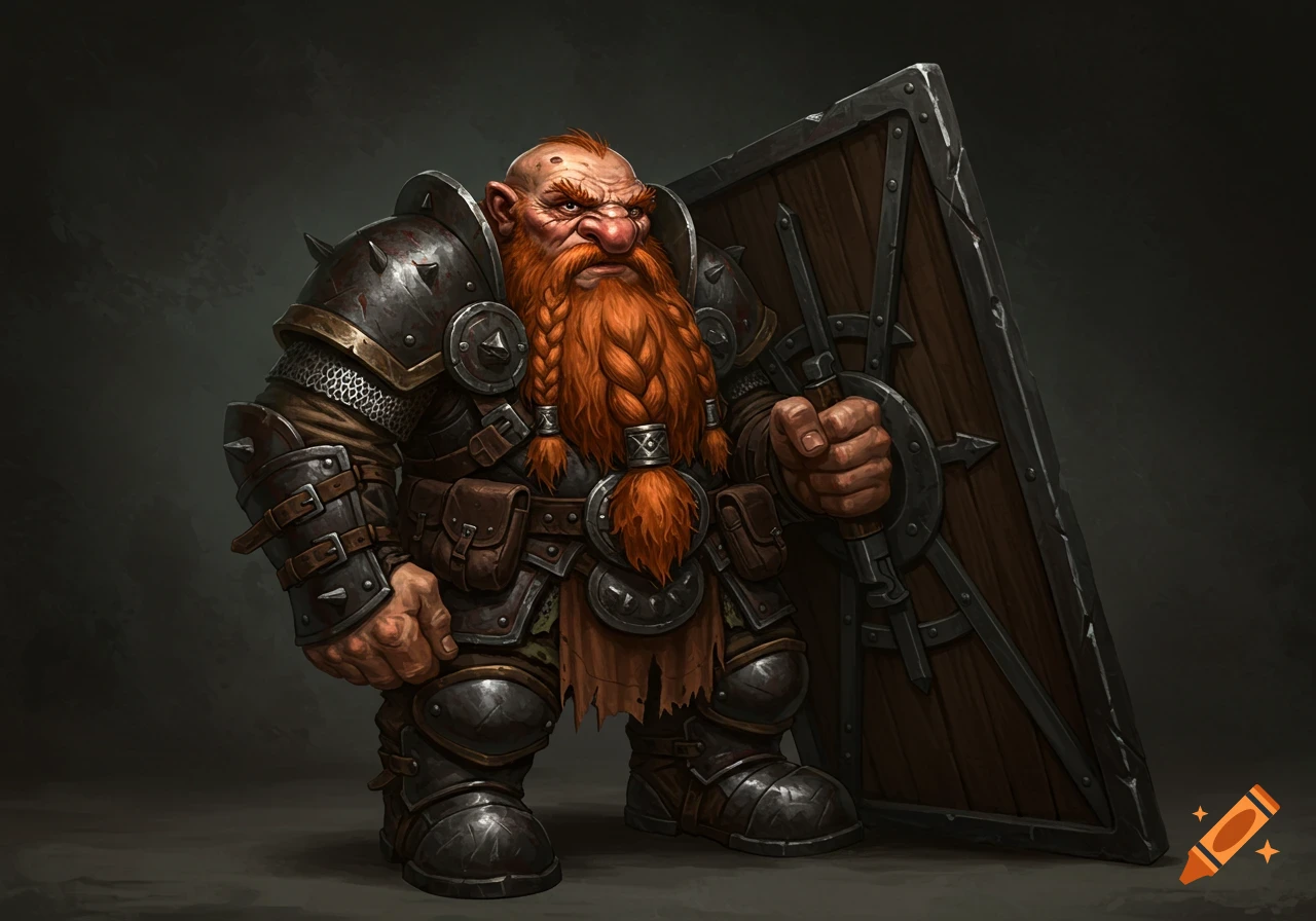 A grumpy, heavily armored dwarf with a long red braided beard stands holding a large wooden shield in a stylized illustration.