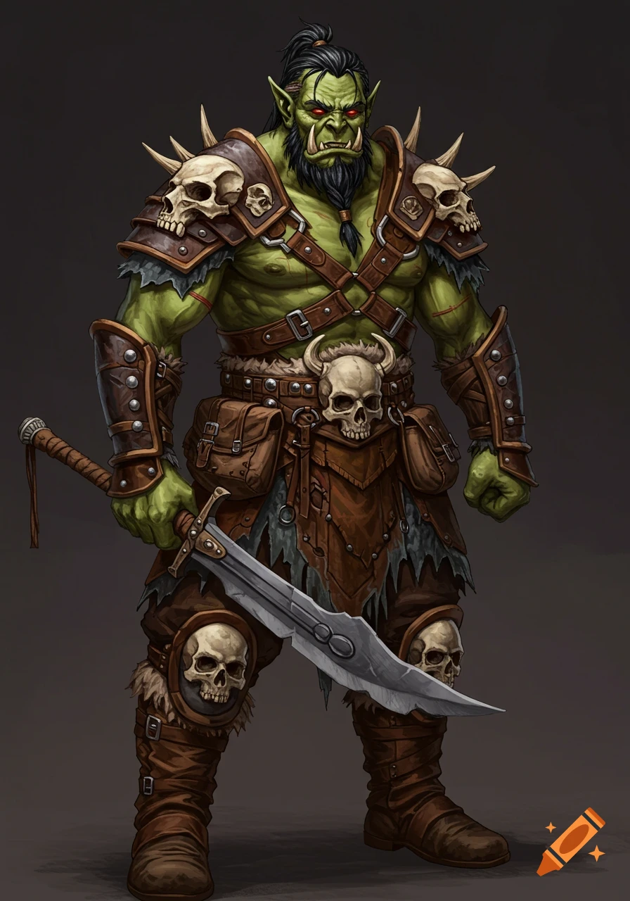 A powerful, green-skinned orc barbarian wearing spiked leather armor adorned with skulls, holding a large sword.