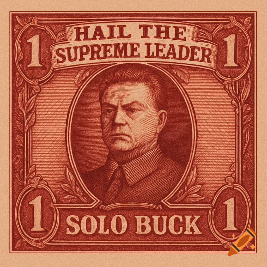A red currency note in a vintage engraved style featuring a stern man's portrait and the text 'Hail the Supreme Leader' and 'Solo Buck'.