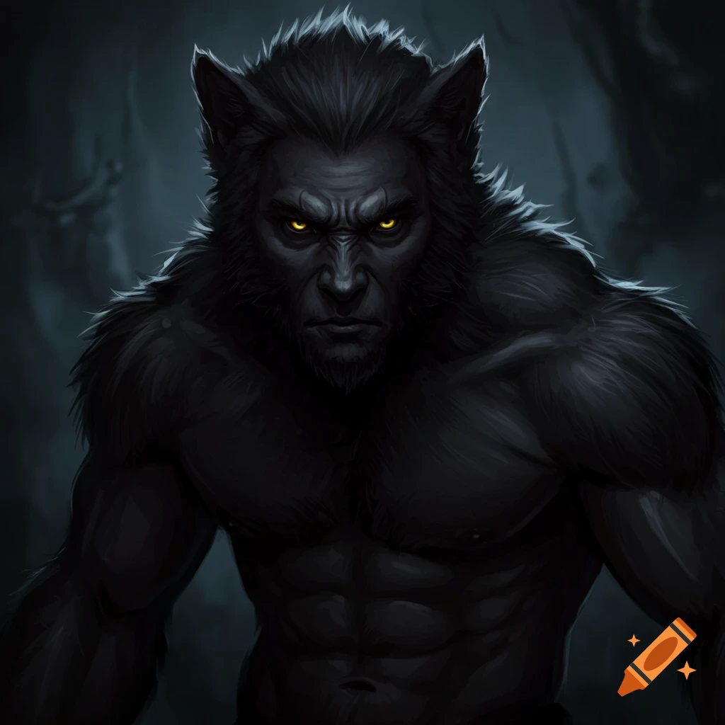A dark black werewolf with glowing yellow eyes and a muscular build, depicted in a detailed digital painting.