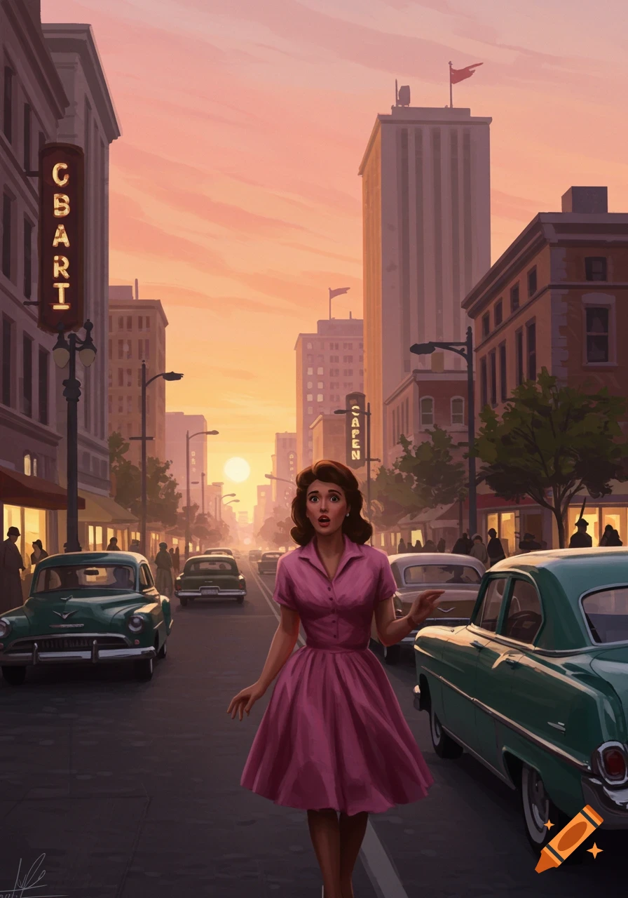 A surprised woman in a pink dress stands in a 1950s city street with vintage cars and buildings at sunset.