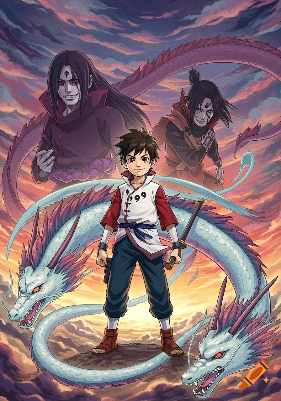 Anime illustration of a boy with a sword, flanked by two adult figures, with light blue dragons coiled around him under a sunset sky.