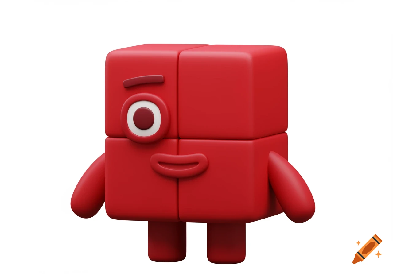 A red block character with one maroon eye, a mouth, and limbs, on a white background.