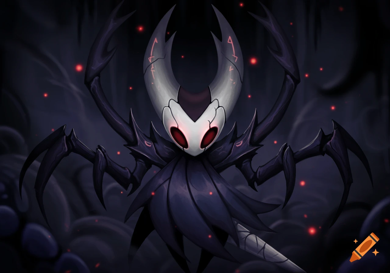 A dark, ominous figure from Hollow Knight with a white mask, glowing red eyes, and sharp, insectoid limbs stands in a shadowy cave with red glowing particles.