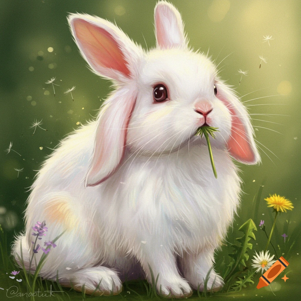 A fluffy white rabbit with floppy ears sits in green grass, eating a blade of grass, surrounded by dandelions and floating seeds, in an illustrative style.