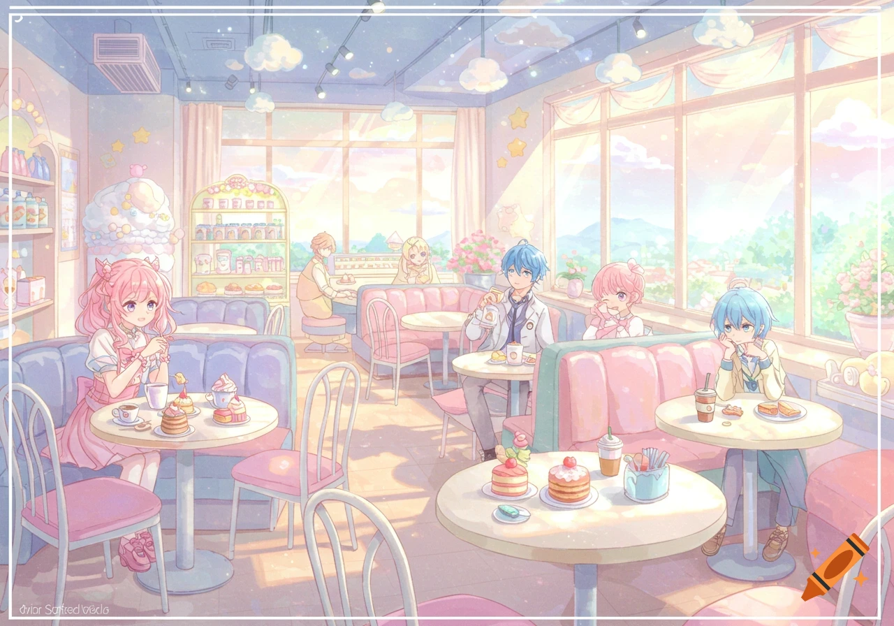Anime characters enjoy sweets and drinks in a bright, pastel-colored cafe interior with large windows.