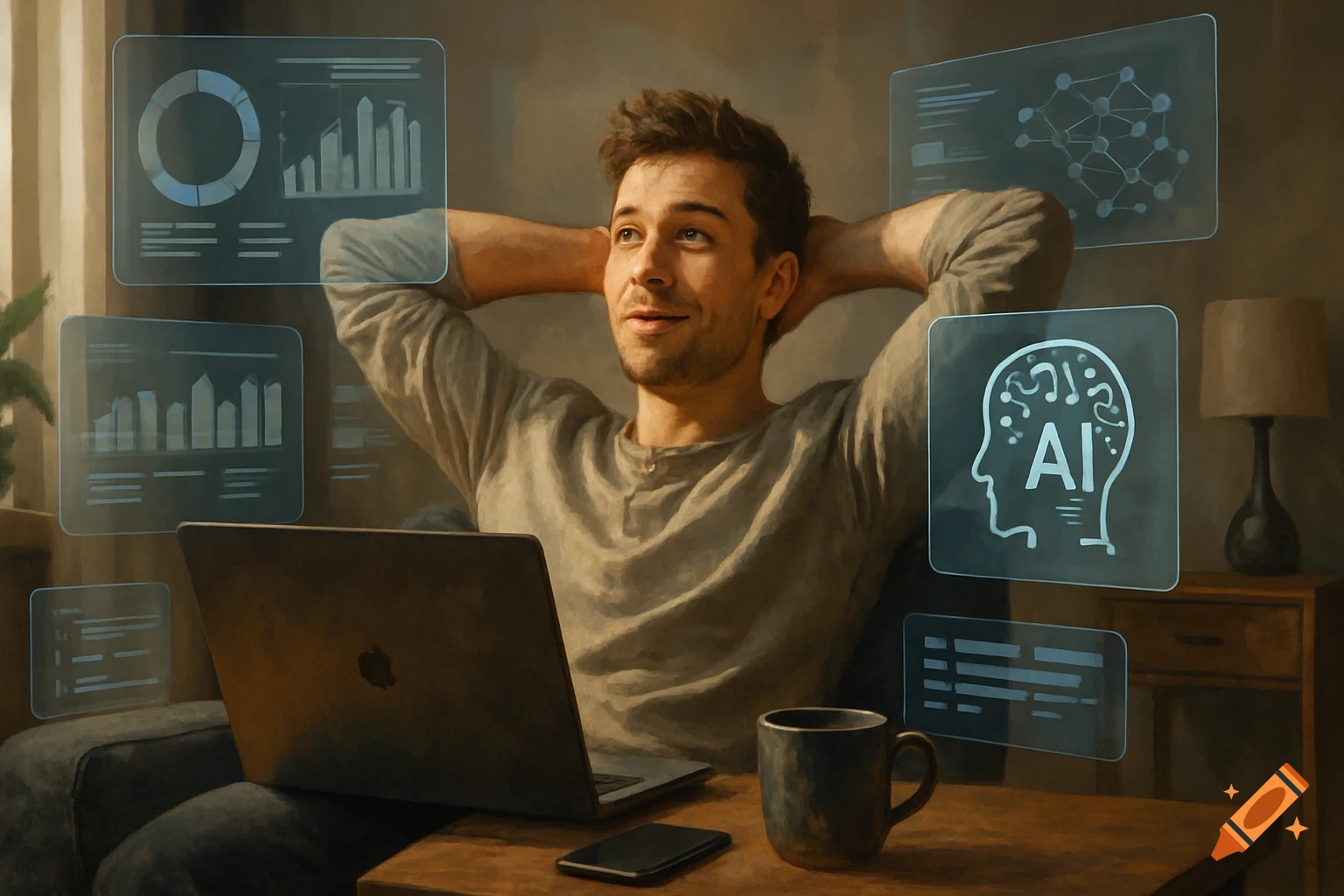 Young man relaxing at home with laptop, surrounded by floating digital dashboards and AI icons.