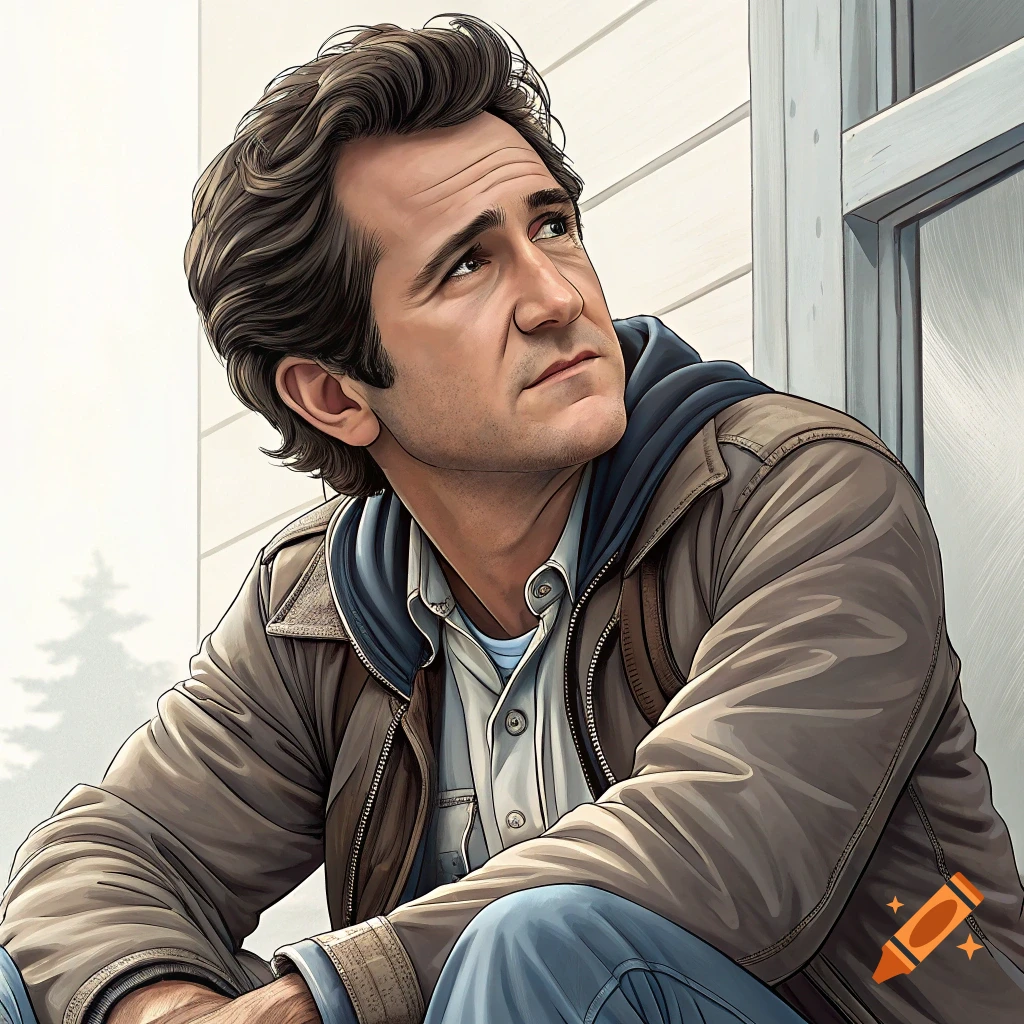 A man in a brown jacket and blue hoodie sits looking up to the right next to a white building.