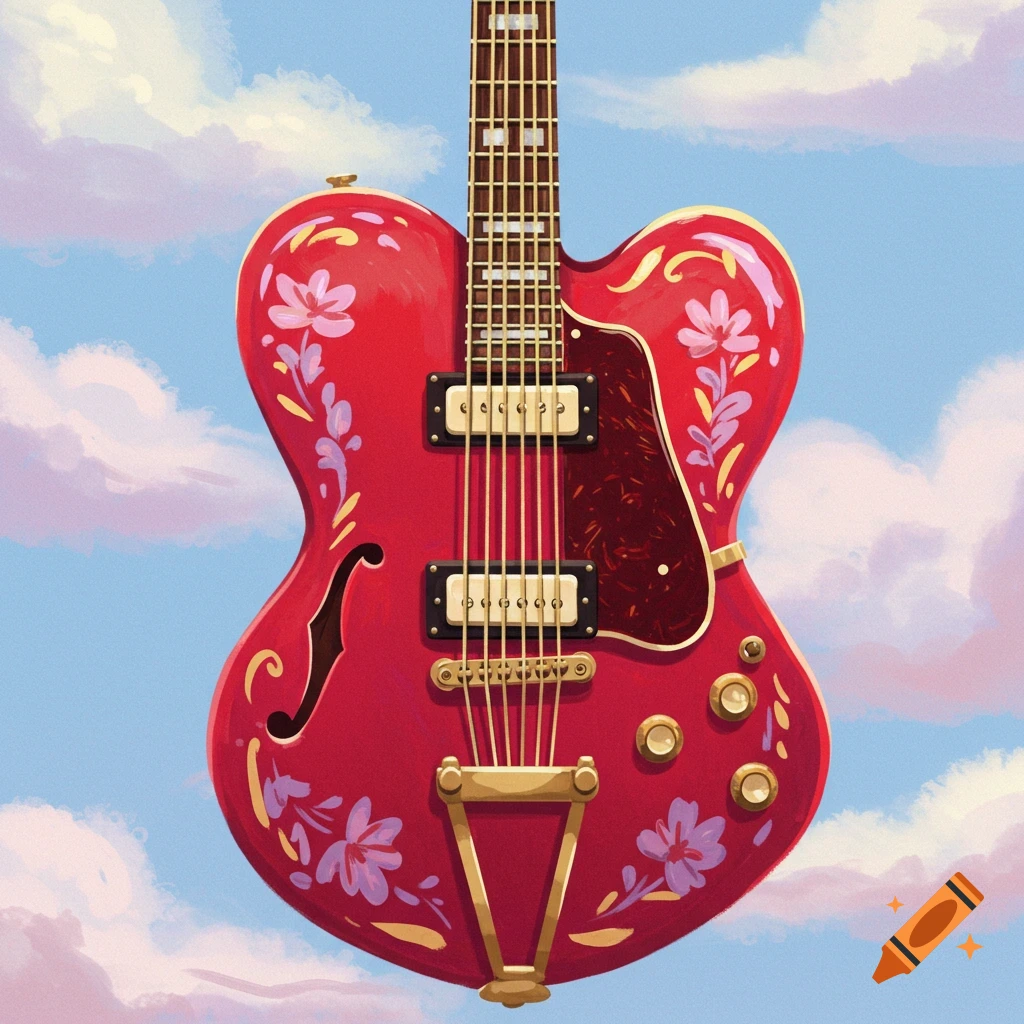 A vibrant red semi-hollow body electric guitar with golden hardware and purple floral designs, floating against a sky with soft pink and white clouds.