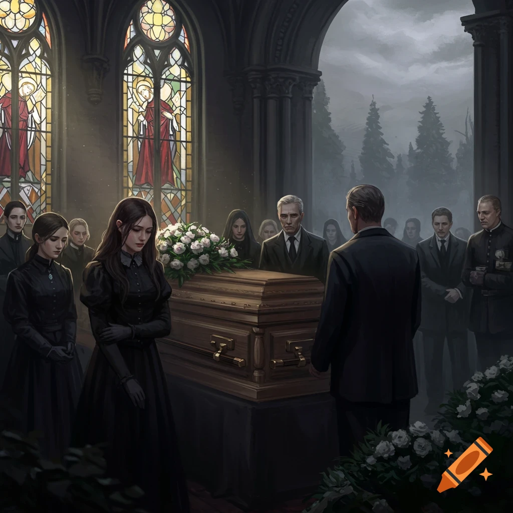 A somber funeral service taking place inside a gothic church with mourners gathered around a wooden coffin, lit by sunlight streaming through stained glass windows.