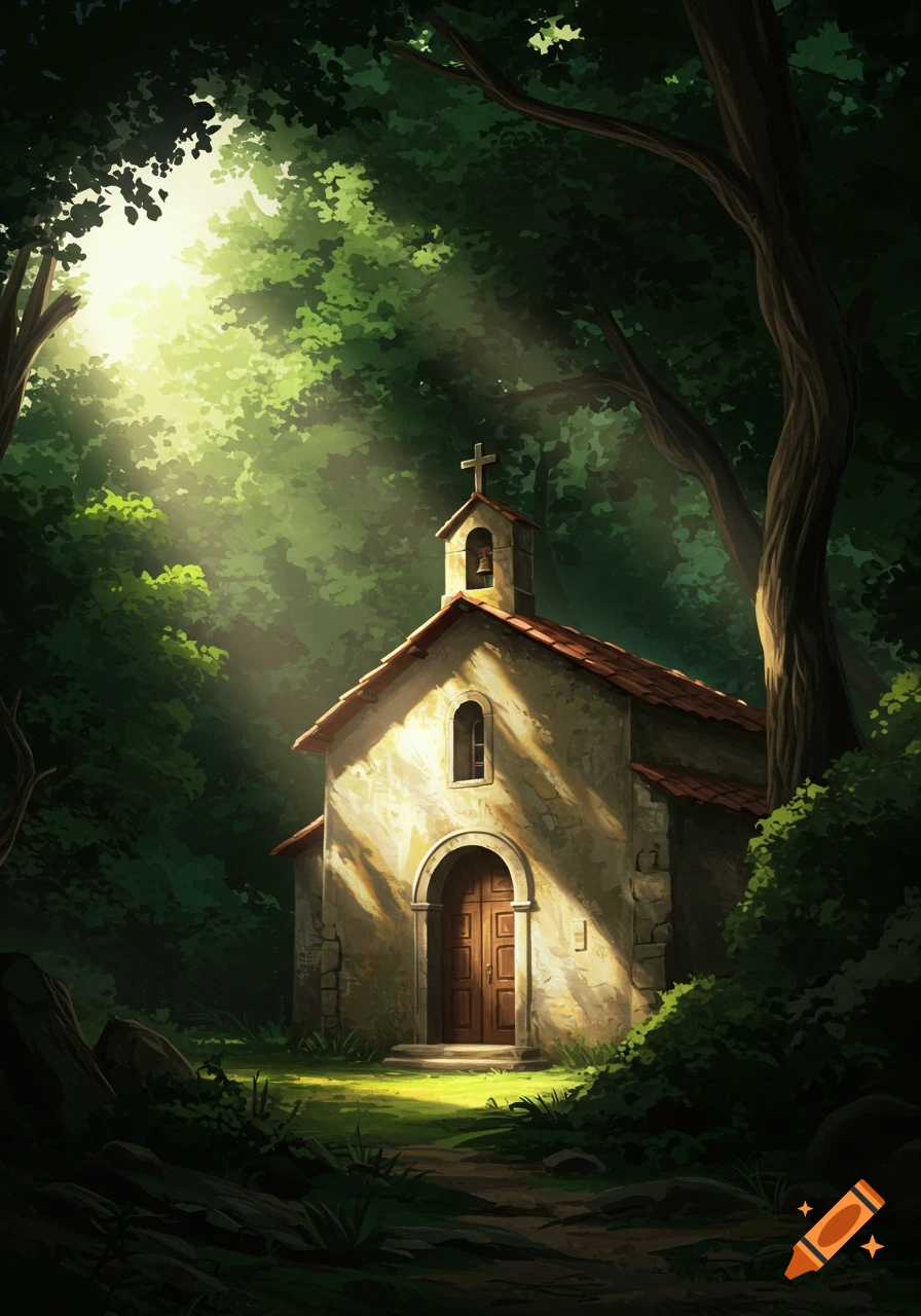 A small, ancient stone church nestled in a sun-dappled, lush green forest, rendered in a digital painting style.