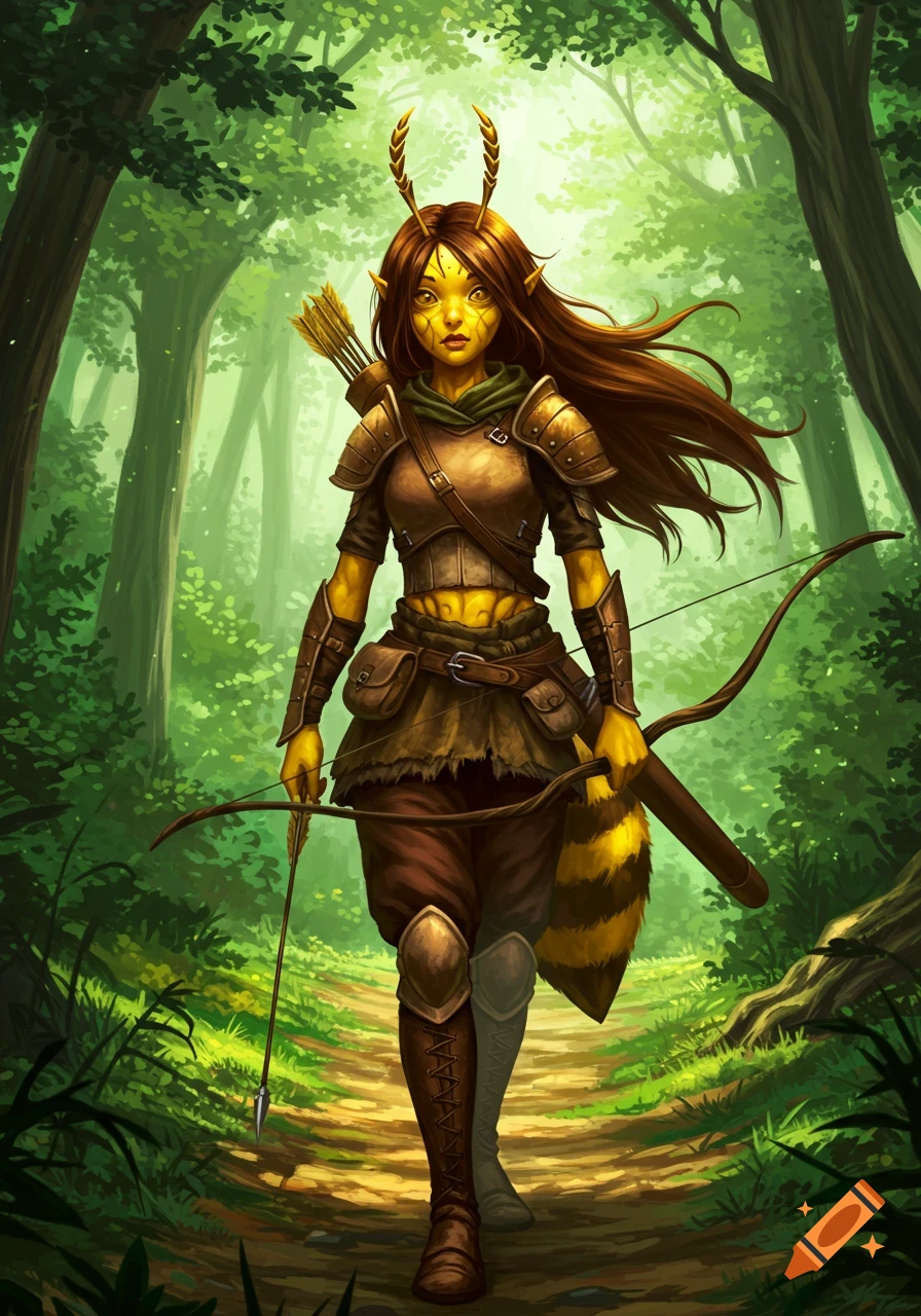 A fantasy ranger girl with pale yellow skin, bee antennae, and a striped tail, in armor, walks through a lush green forest with a bow.