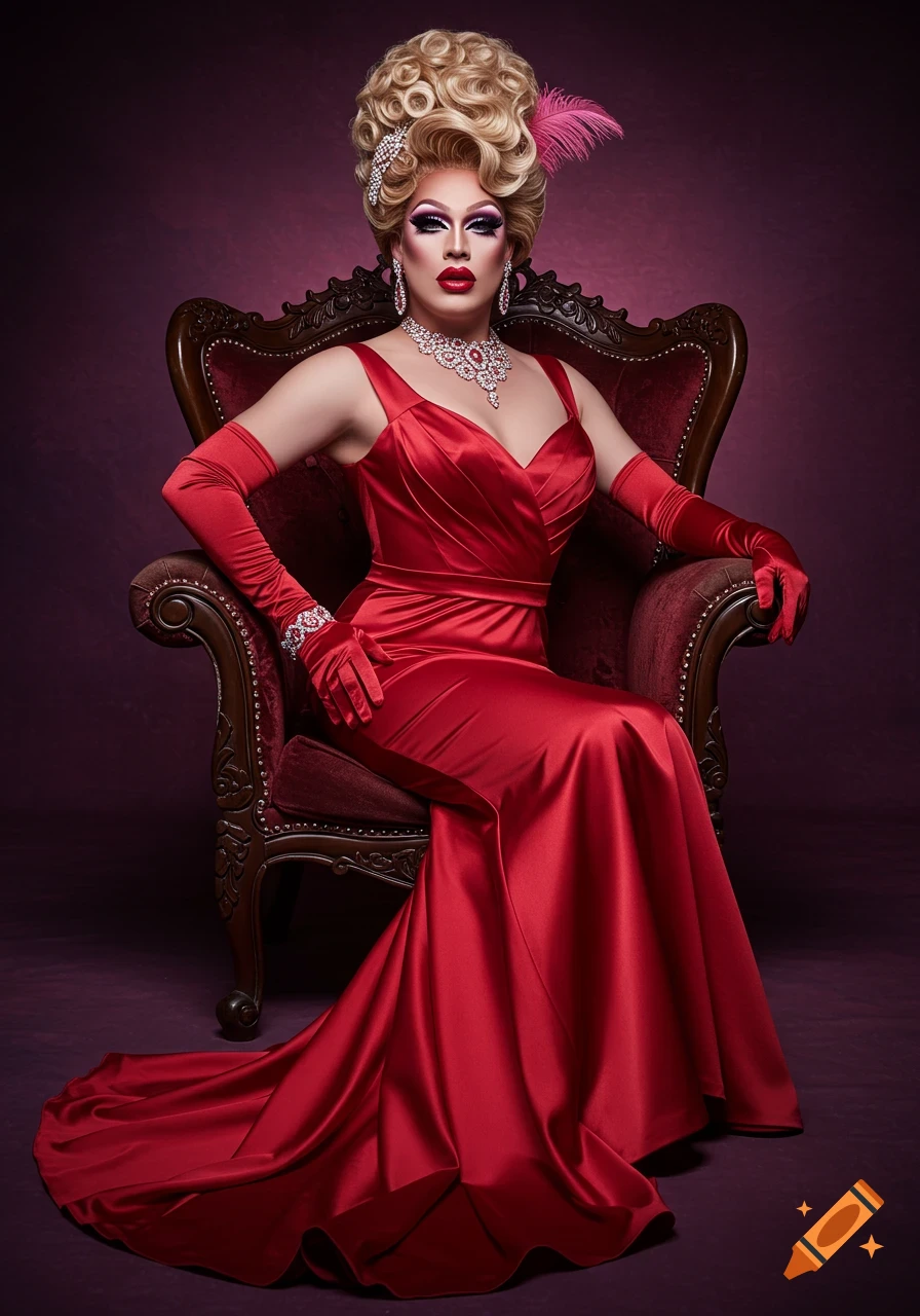 A drag queen in a red satin gown and opera gloves sits elegantly on a chair, looking directly at the viewer.