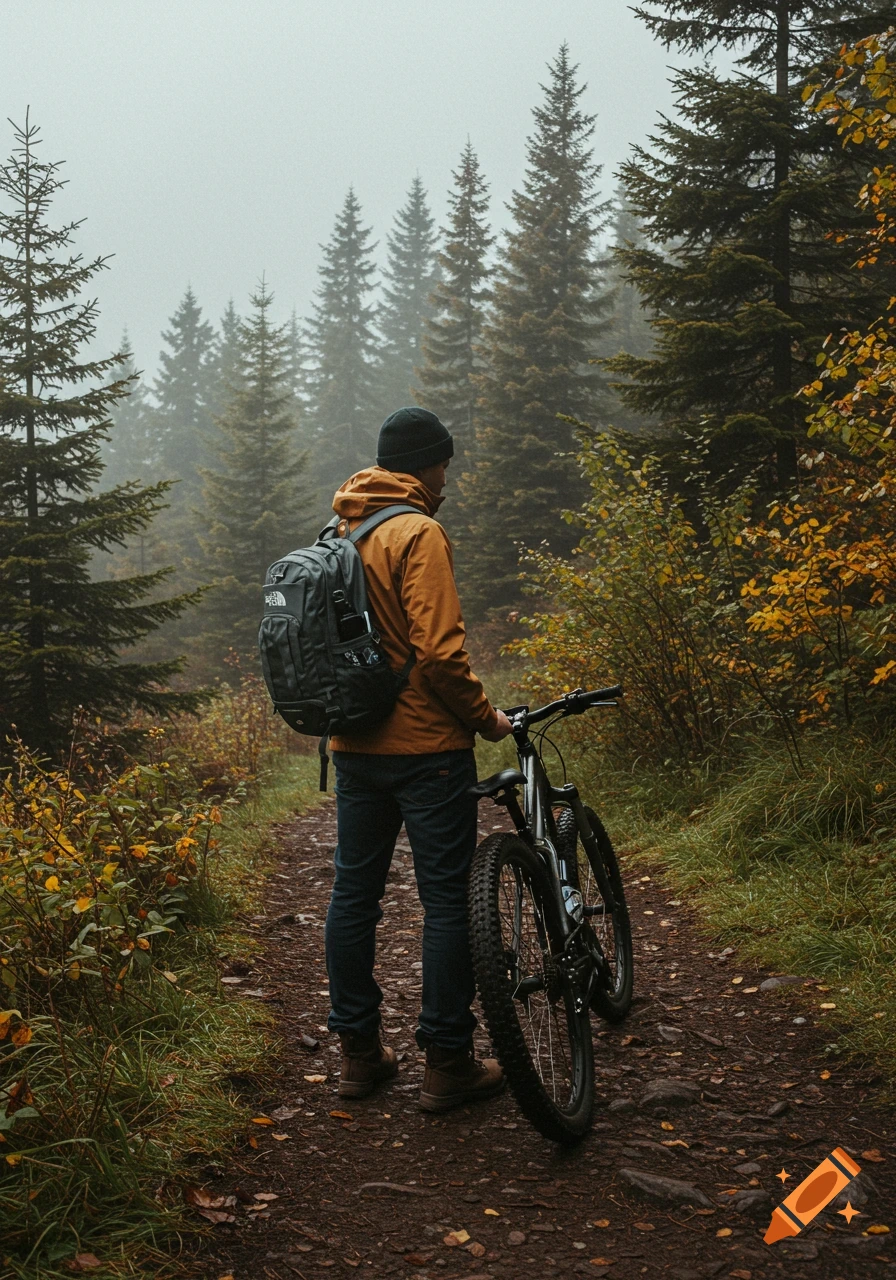 A person with a backpack stands on a dirt path next to a mountain bike in a misty forest.