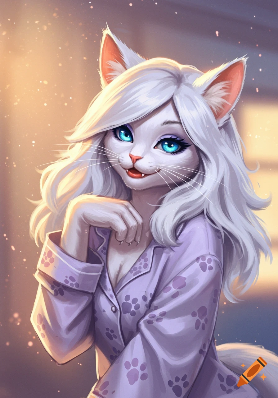 An anthropomorphic white cat-girl with long white hair and bright blue eyes smiles while wearing purple paw print pajamas, rendered in a digital art style.